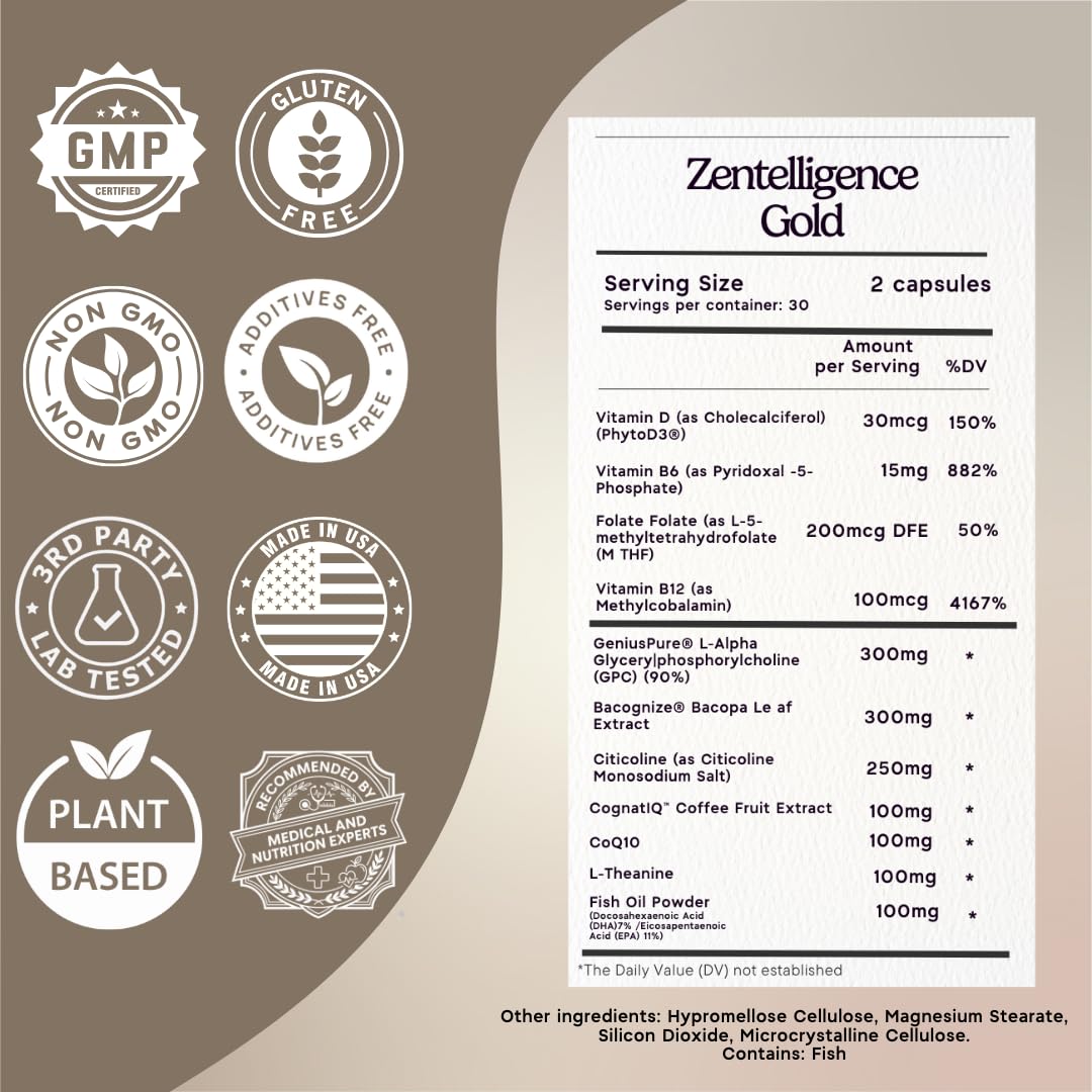 Zen Principle Zentelligence™ Gold Brain Supplement – Memory, Focus & Mental Clarity. Premium Cognitive Support for Adults 40+ with Magnesium, Vitamin D3, CoQ10, Vitamin B12 & L-Theanine. 60 Capsules Zen PrincipleBuy Supplements Australia