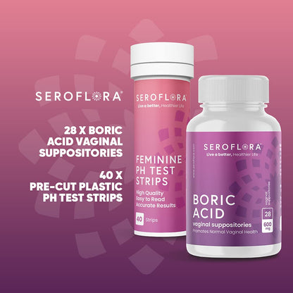 Seroflora Boric Acid Vaginal Suppositories 600mg (28ct) & 40 pH Test Strips for Women SerofloraBuy Supplements Australia