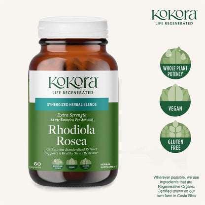 kokora Extra Strength Rhodiola Rosea – Stress Relief, Endurance & Promotes Mental & Physical Performance* - with Siberian Rhodiola, Rosavins, Organic Holy Basil - Vegan, Non-GMO - 60 Capsules kokoraBuy Supplements Australia