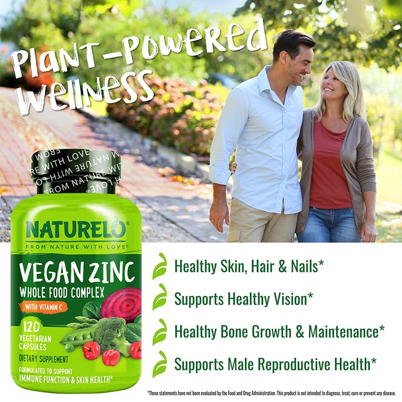 NATURELO Vegan Zinc Immune Support Capsules - Whole Food Complex with Vitamin C for Healthy Skin, Hair, and Nails - 120 Capsules NATURELOBuy Supplements Australia