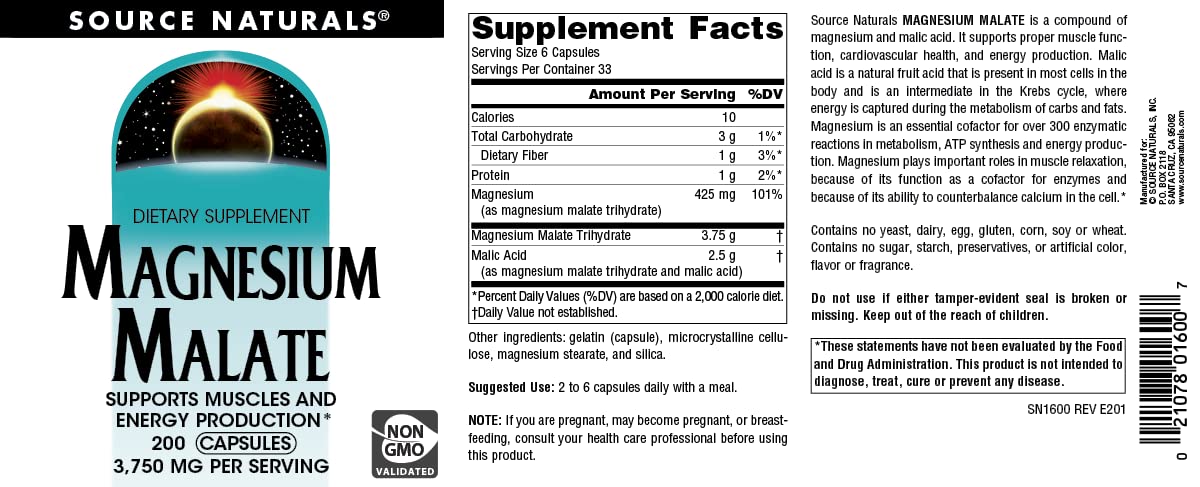 Source Naturals Magnesium Malate, Magnesium Malic Acid Supplement, Non GMO, 3750 MG Source NaturalsBuy Supplements Australia