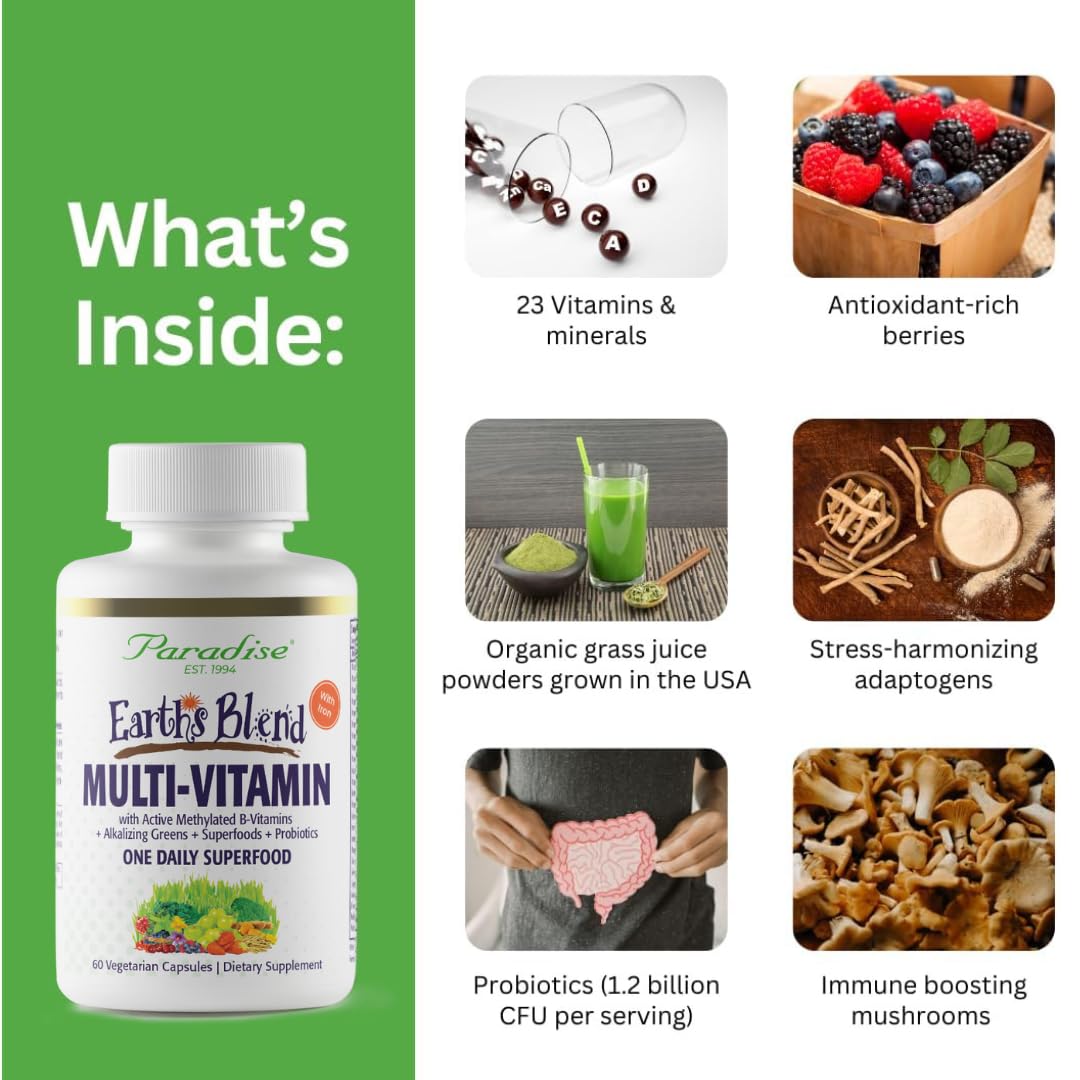 Paradise Herbs Earth's Blend Once Daily Multivitamin with Iron, 48 Organic Superfoods, Probiotics, Antioxidants, Vitamins A, B12, C, D, K2, 60 Capsules Paradise HerbsBuy Supplements Australia