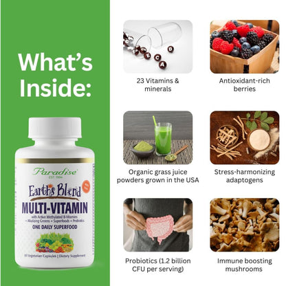 Paradise Herbs Earth's Blend Once Daily Multivitamin with Iron, 48 Organic Superfoods, Probiotics, Antioxidants, Vitamins A, B12, C, D, K2, 60 Capsules Paradise HerbsBuy Supplements Australia