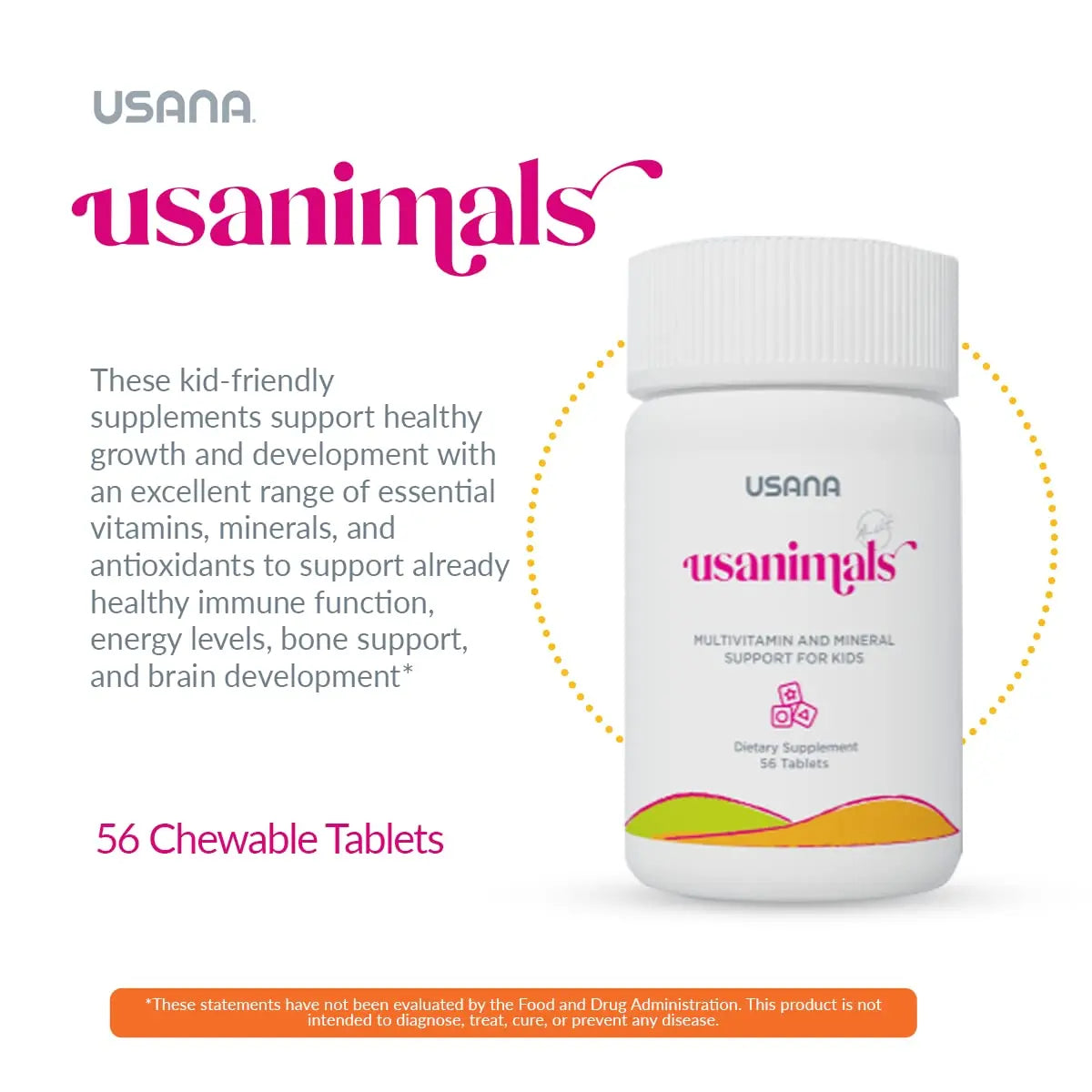 USANA Usanimals Multivitamin for Kids - Daily Chewable Tablets with Vitamins A, C, D, E, B6, B12, Zinc, Iron - Supports Immune, Bone & Brain Health USANA