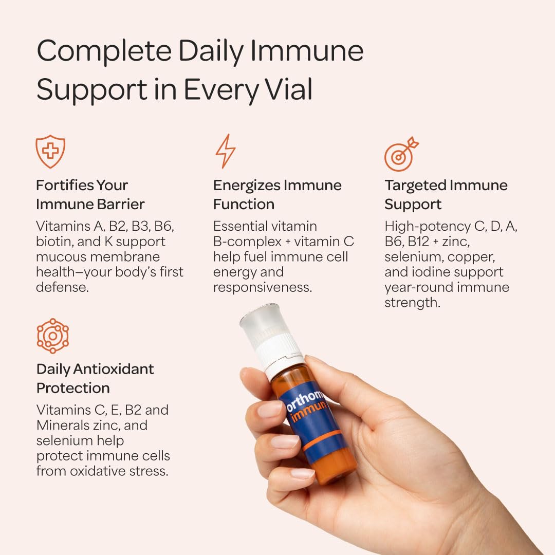 Orthomol Immun, Immune Support Vials for Adults with Vitamin C, Zinc, Selenium, Iodine, Vitamin D, E, A ,B, Calcium, 25+ Immune Boost Nutrients, 1 Serving Per Day for Daily Health (30 Day Supply) OrthomolBuy Supplements Australia