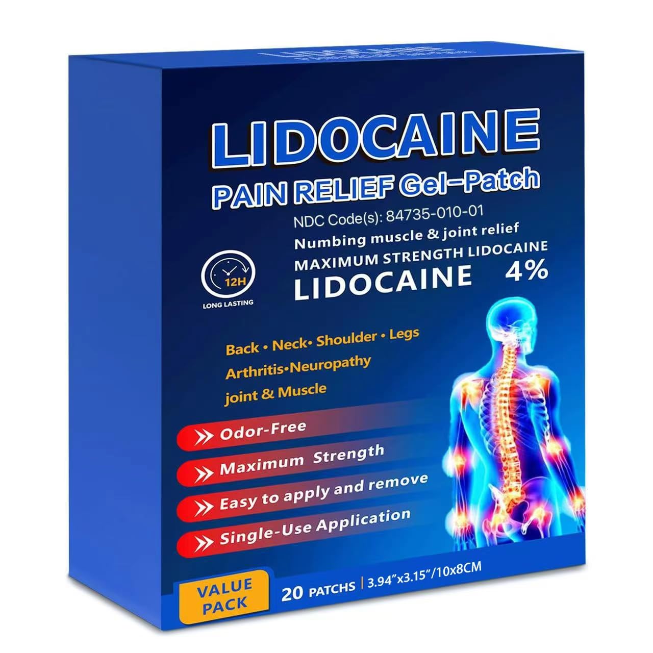 KIbabyDI Professional Lidocaine Pain Relief Patches - 20 Count | 4% Medicated Gel Patches for Targeted Joint & Muscle Comfort | Long-Lasting 12-Hour Relief, Ultra-Flexible Design -lb263 KIbabyDIBuy Supplements Australia