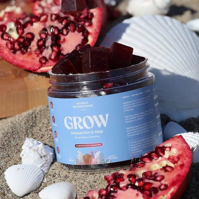 Akasha Superfoods Grow Hair & Beauty Gummies, Supplement with Zinc, Vitamin E, Astaxanthin, Kelp, & Pumpkin Seed, Plant Based Gummies for Women & Men Akasha Superfoods