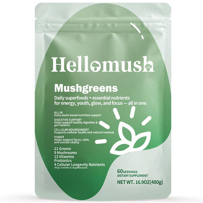 Hellomush Super Greens Powder Superfood, Daily Green Powder Supplement with Probiotics Drink Mix for Men & Women, Blend of Greens, Mushrooms, Vitamins, Probiotics and Cellular Nutrients HellomushBuy Supplements Australia