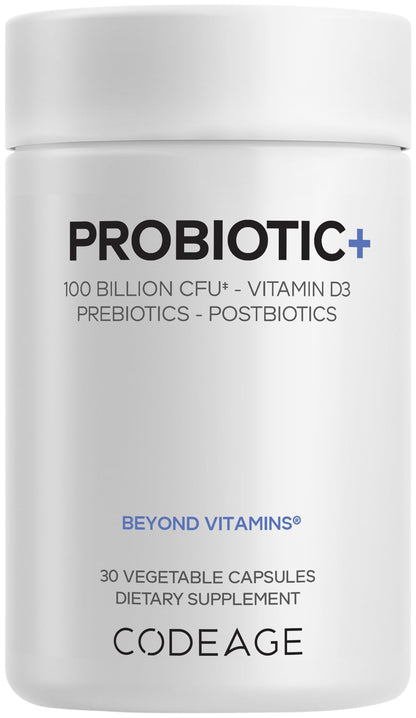 Codeage Probiotic+ 100 Billion CFU Supplement - 12-Strain Probiotic Blend, Organic Prebiotic Fiber, Postbiotics, Vitamin D3, Zinc Bisglycinate, Quercetin - for Men & Women - Non-GMO- 30 Capsules CodeageBuy Supplements Australia