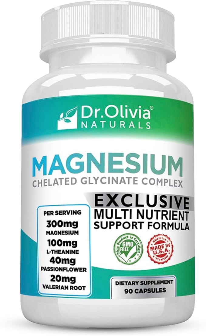 Dr. Olivia Naturals Magnesium Glycinate Complex - L-Theanine, Passionflower & Valerian Root for Sleep Support Supplement, Nerve & Muscle Health, High Absorption - 90 Vegetarian Capsules Dr. Olivia NaturalsBuy Supplements Australia