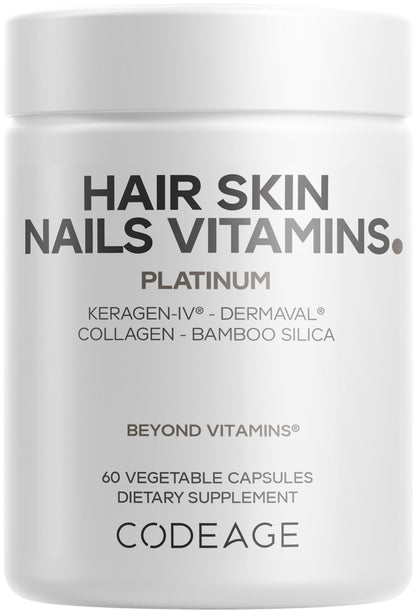 Codeage Hair Skin Nails Vitamins Platinum - KeraGEN-IV Keratin, Dermaval - Hair Fall, Skin Elasticity & Moisture Support - Biotin 5000, Collagen, Vitamin C, Coffeeberry, PABA Supplement - 60 Capsules CodeageBuy Supplements Australia