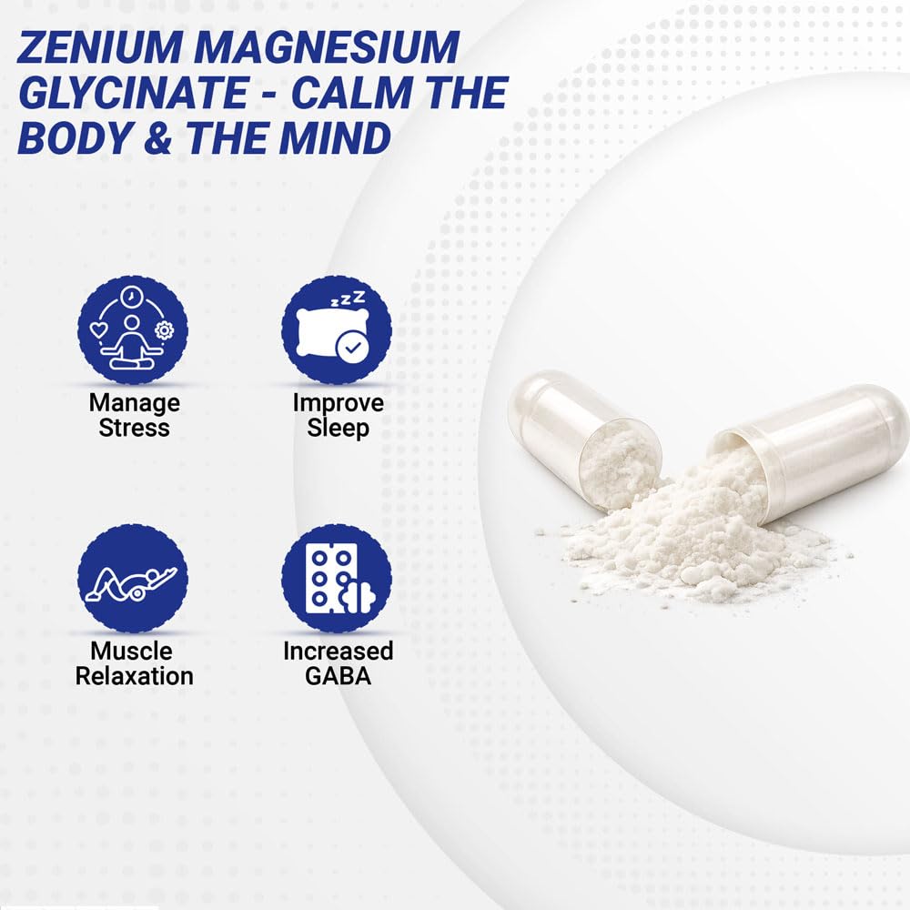 Zenium - Magnesium Glycinate for Sleep, Chelated, 600mg per Serving, 120 Capsules | High Absorption | Relieve Tension, Worry, Nervousness | Calm The Mind & Body | Ayurvedic | Natural Relief Supplement ZeniumBuy Supplements Australia