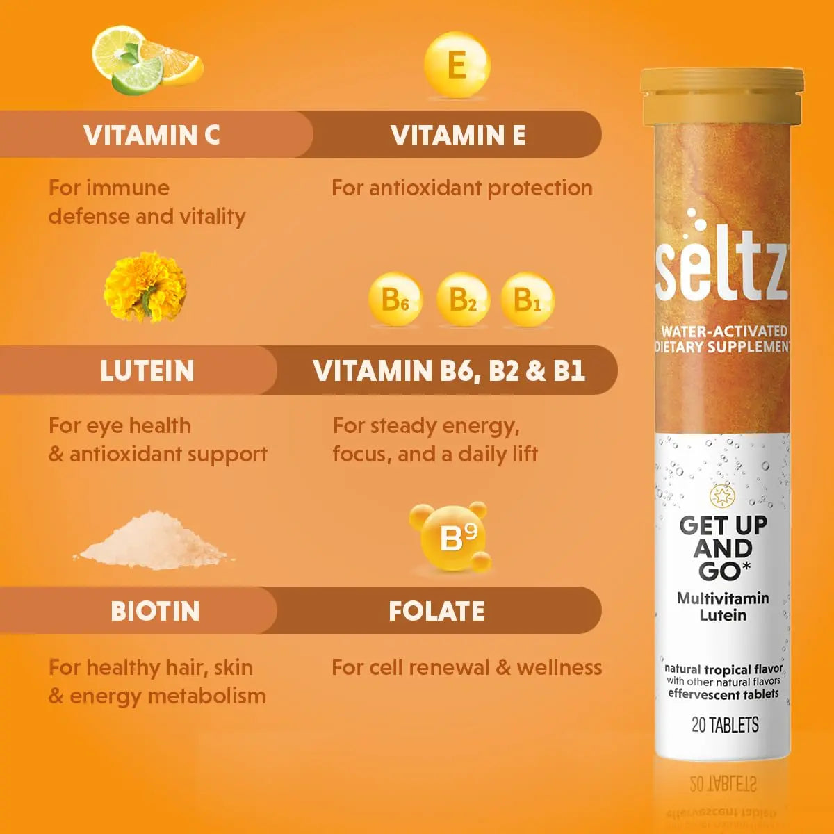 Seltz® Get Up and Go – Effervescent Multivitamin with Lutein for Daily Energy, Eye Health & Antioxidant Support Seltz