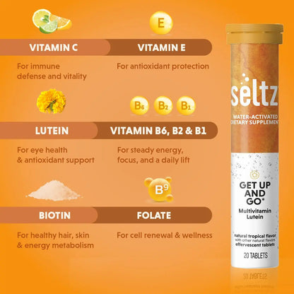 Seltz® Get Up and Go – Effervescent Multivitamin with Lutein for Daily Energy, Eye Health & Antioxidant Support Seltz