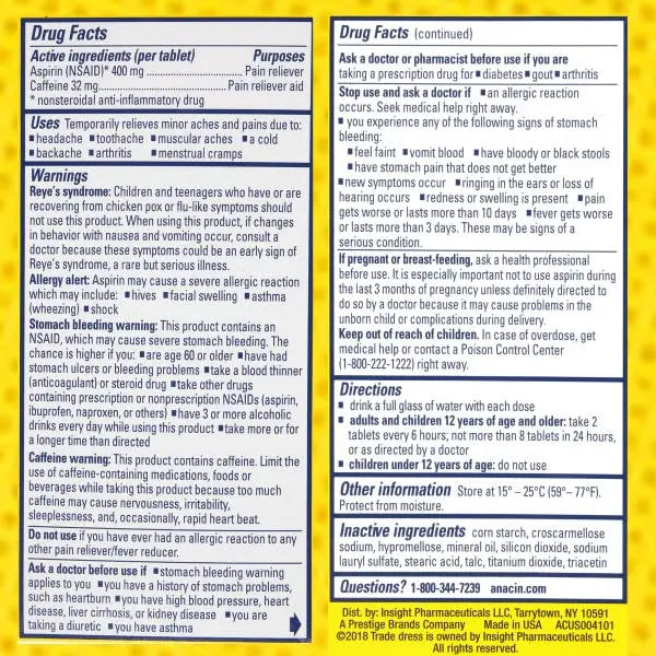 Anacin Fast Pain Relief Pain Reducer Aspirin Tablets, 200 Tabs (Value Pack of 2) ANACINBuy Supplements Australia
