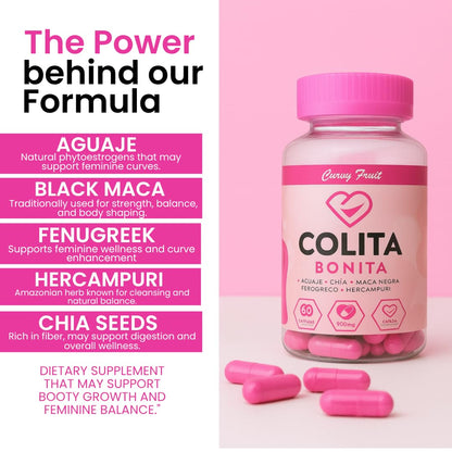 Colita Bonita – Aguaje, Black Maca & Fenugreek Pills – Natural Booty Growth & Hip Shaping Supplement – Supports Curves, Hormonal Balance & Waist Definition – 60 Capsules (30-Day Supply) Curvy FruitBuy Supplements Australia
