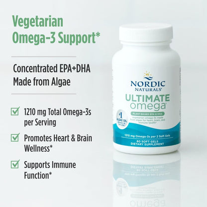 Nordic Naturals Plant Based Ultimate Omega, Lemon Flavor - 60 Vegetarian Soft Gels - 1210 mg Omega-3 - Vegan EPA and DHA - Supplement Made from Algae - Brain & Heart Support - Non-GMO - 30 Servings Nordic NaturalsBuy Supplements Australia
