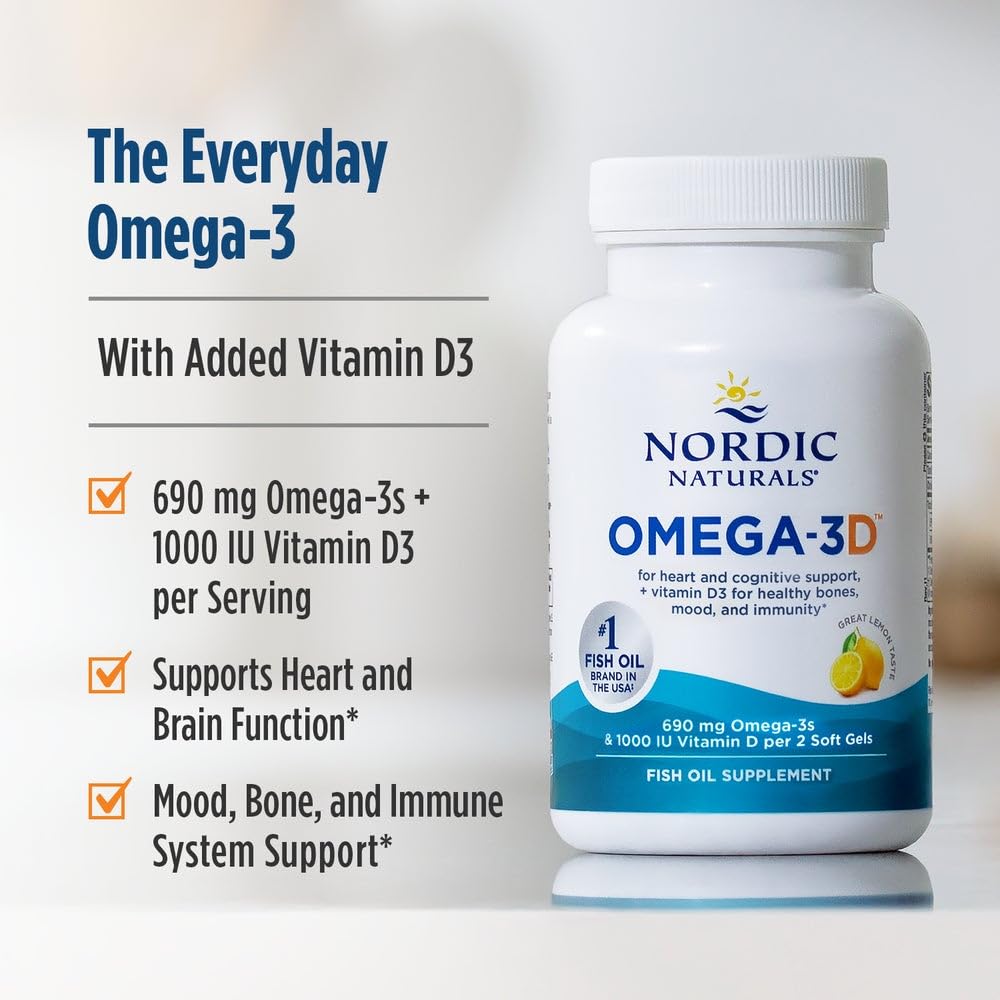 Nordic Naturals Omega-3D, Lemon Flavor - 120 Soft Gels - 690 mg Omega-3 + 1000 IU Vitamin D3 - Fish Oil - EPA & DHA - Immune Support, Brain & Heart Health, Healthy Bones - Non-GMO - 60 Servings Nordic NaturalsBuy Supplements Australia