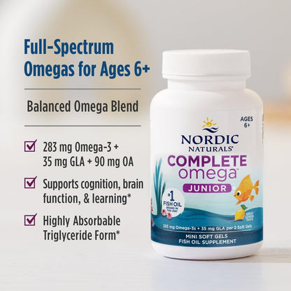 Nordic Naturals Complete Omega Jr., Lemon - 180 Mini Soft Gels - 283 mg Total Omega-3s & 35 mg GLA - Healthy Cognition, Nervous System Function - Non-GMO - 90 Servings Nordic NaturalsBuy Supplements Australia