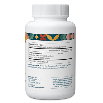 Pattern Wellness Maca Root Extract 20:1-500mg Per Serving – for Men & Women – Tri-Color Black/Red/Yellow Blend – 60 Vegan, Non-GMO Capsules Pattern WellnessBuy Supplements Australia