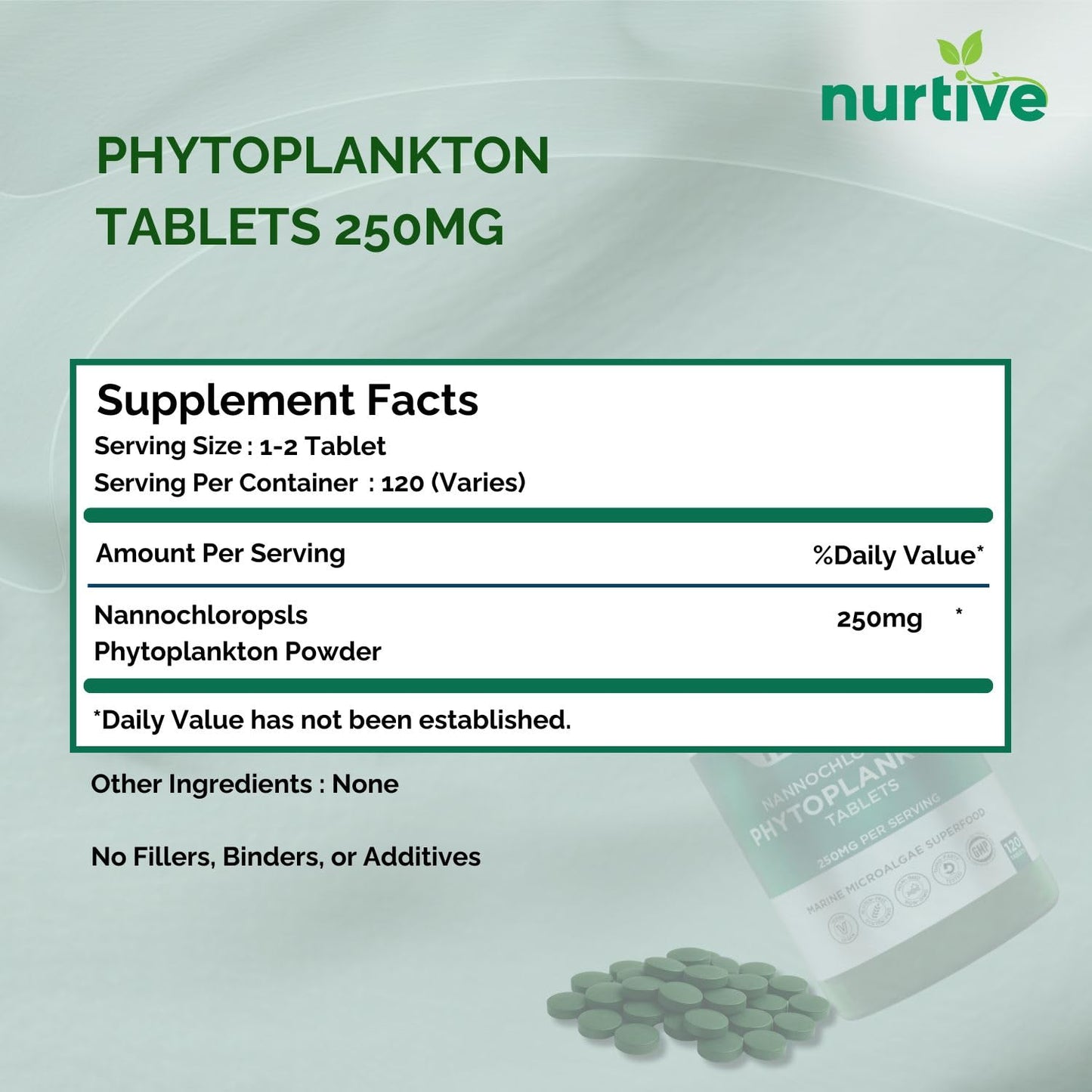 NURTIVE Nannochloropsis Phytoplankton Tablets – 250mg per Serving – Vegan, Gluten-Free, Non-GMO, No Fillers – Third-Party Tested, GMP Certified – 2 Tablets/Day for 2 Month, 120 Tablets/Bottle NURTIVEBuy Supplements Australia