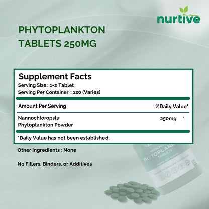 NURTIVE Nannochloropsis Phytoplankton Tablets – 250mg per Serving – Vegan, Gluten-Free, Non-GMO, No Fillers – Third-Party Tested, GMP Certified – 2 Tablets/Day for 2 Month, 120 Tablets/Bottle NURTIVEBuy Supplements Australia