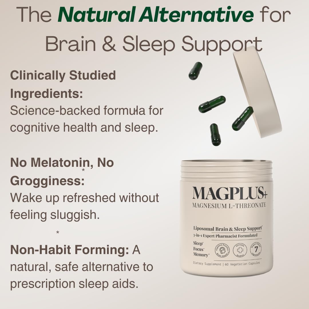 MAGPLUS+ Magnesium L-Threonate w Apigenin & L Theanine | 7-Ingredient Sleep Blend | Brain, Memory, & Sleep Support | Liposomal Magnesium Threonate Supplement (60 Capsules) Plus+UltraBuy Supplements Australia
