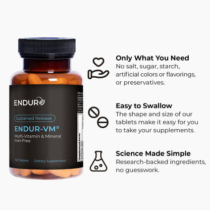 ENDUR-VM - Multivitamin Vitamin A, C, D, E, B12 & Zinc (Without Iron) SR (Sustained Release) 22 Essential Nutrients to Support Overall Wellness for Men & Postmenopausal Women - 150 Tablets Endurance ProductsBuy Supplements Australia