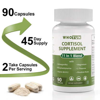 Whoyun Cortisol Supplement for Women, 11 in 1 Lower Cortisol Blend with Ashwagandha, Phosphatidylserine, Magnesium, L-Theanine, Vegan, 90 Capsules WhoyunBuy Supplements Australia