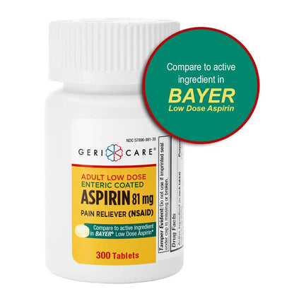 GeriCare Aspirin 81mg Adult Low Dose, Pain Reliever - Enteric Coated Tablets for Enhanced Absorption and Gentle Digestion – Supports Blood Flow, Reduces Inflammation, 300 Count (Pack of 1) GeriCareBuy Supplements Australia