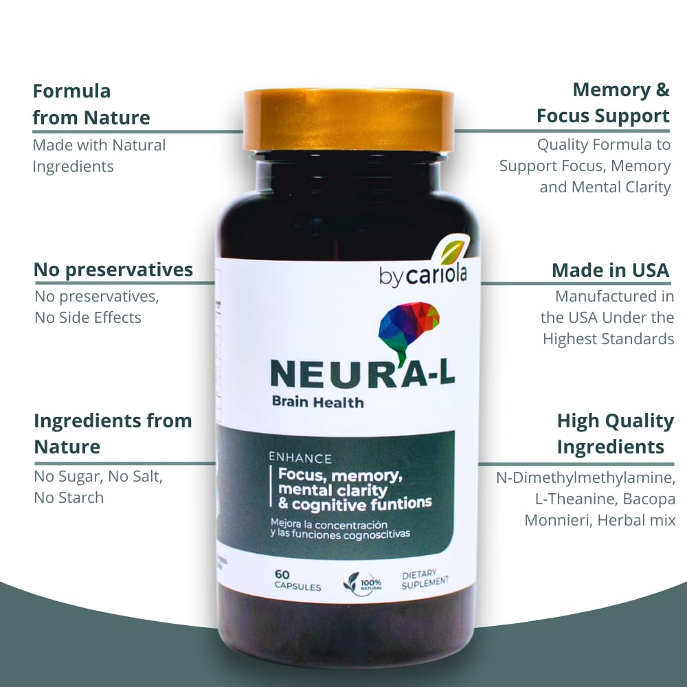 BY CARIOLA Neural-L Natural Brain Support Supplement 60 Caps - Mental Support – Memory Booster - Concentration - Natural Formula - Ashwagandha - L-Tyrosine - L-Theanine BY CARIOLABuy Supplements Australia