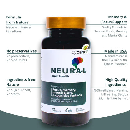BY CARIOLA Neural-L Natural Brain Support Supplement 60 Caps - Mental Support – Memory Booster - Concentration - Natural Formula - Ashwagandha - L-Tyrosine - L-Theanine BY CARIOLABuy Supplements Australia