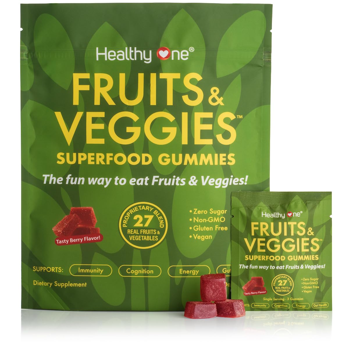 Fruits & Veggies Sugar-Free Gummies - 27 Whole Foods - Equals 3 Servings of Fruits & Vegetables - Improve Energy, Focus & Immune Function - Fiber - Antioxidants - Organic Ingredients - 28 Packets Healthy OneBuy Supplements Australia