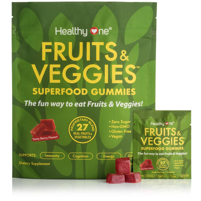 Fruits & Veggies Sugar-Free Gummies - 27 Whole Foods - Equals 3 Servings of Fruits & Vegetables - Improve Energy, Focus & Immune Function - Fiber - Antioxidants - Organic Ingredients - 14 Packets Healthy OneBuy Supplements Australia