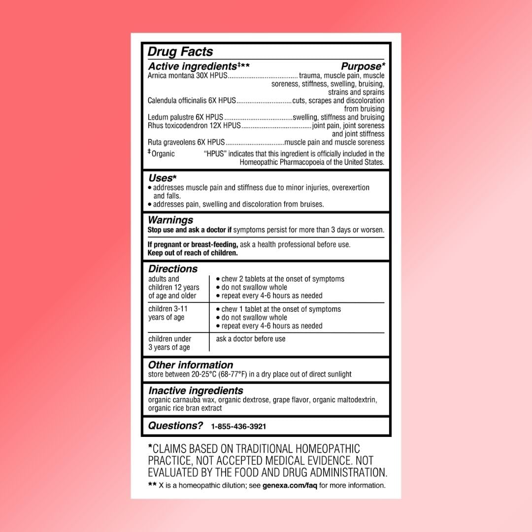 Genexa Arnica for Pain Relief | Alleviate Muscle & Joint Pain, Soreness & Stiffness | Reduces Bruises & Swelling | Organic Grape Flavor | Homeopathic Remedy Made Clean | 100 Chewable Tablets GenexaBuy Supplements Australia