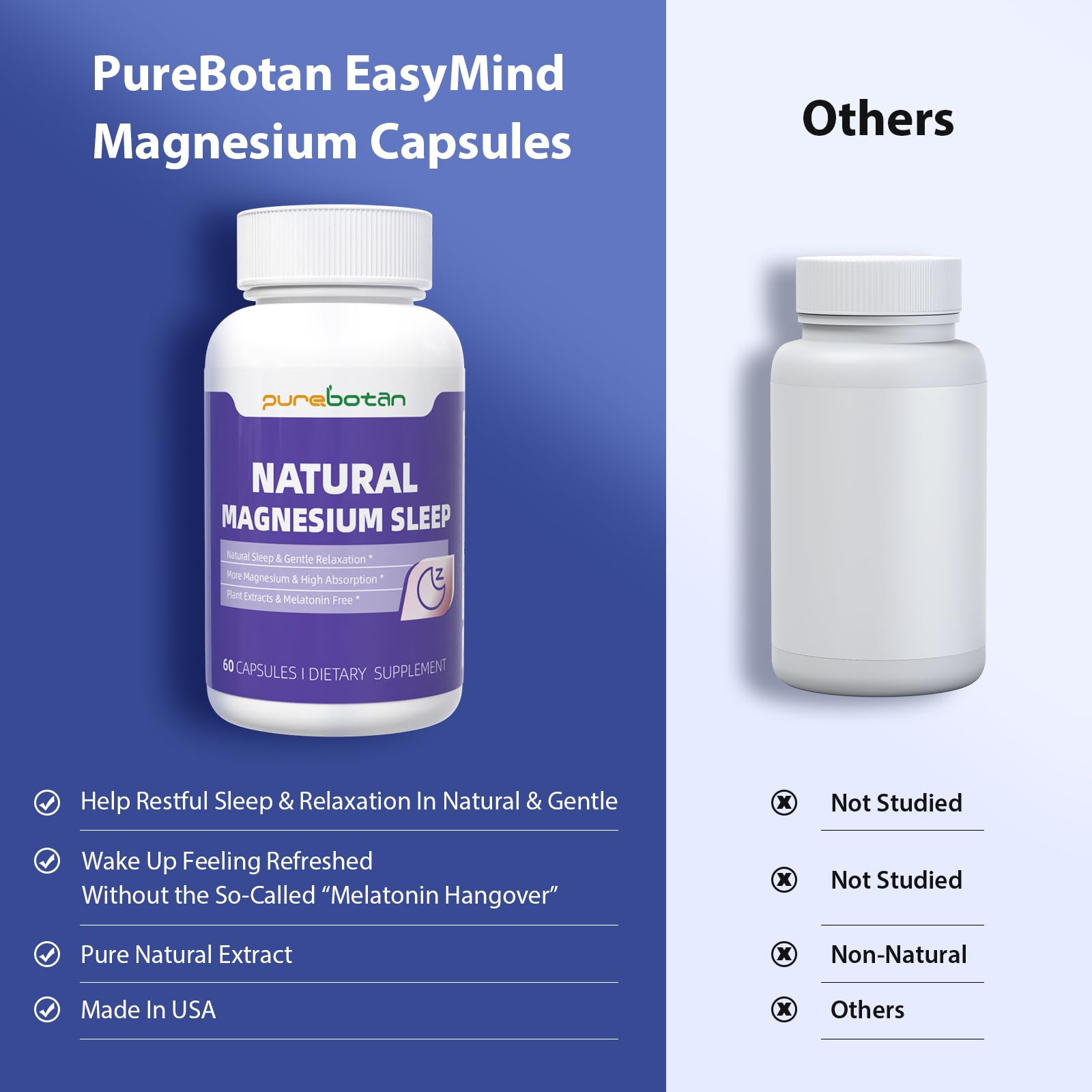 PureBotan Magnesium Oxide and Glycinate Extra Strength, Natural Sleep Aid Supplement EasyMind, High Absorption, Restful Sleep & Relaxation, Cortisol Lower, Natural-Gentle, Melatonin Free, 60 Capsules PureBotanBuy Supplements Australia