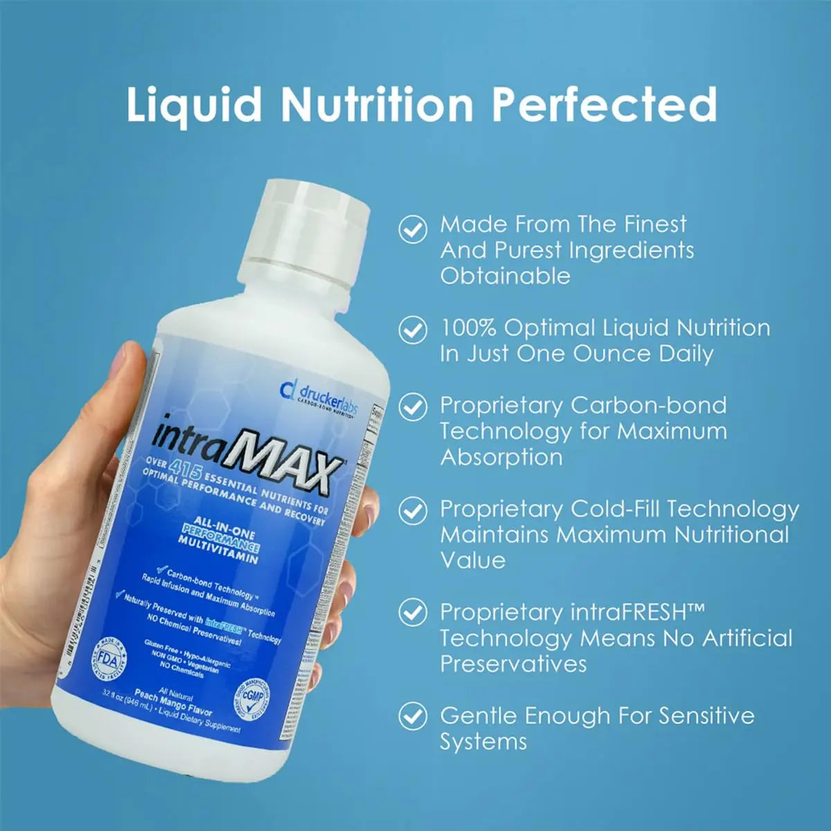 Drucker Labs - intraMAX Organic Liquid Multivitamin, Non GMO, Dairy Free, Gluten Free, Magnesium, Vitamin D, C and E, Zinc (32 oz., Peach Mango) Drucker LabsBuy Supplements Australia