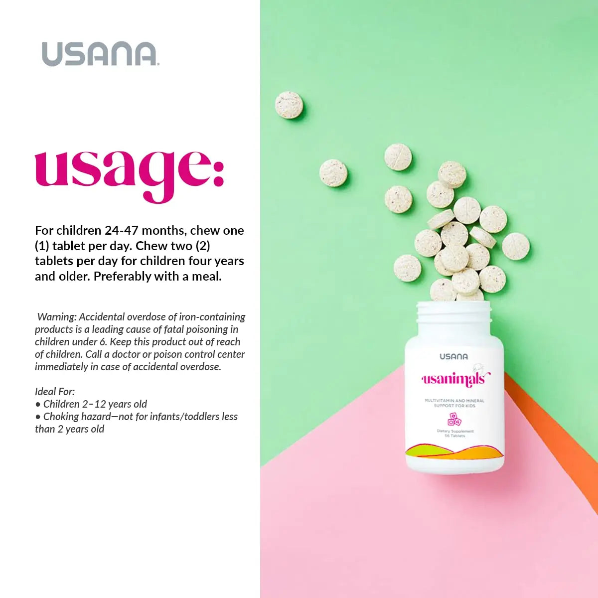 USANA Usanimals Multivitamin for Kids - Daily Chewable Tablets with Vitamins A, C, D, E, B6, B12, Zinc, Iron - Supports Immune, Bone & Brain Health USANA
