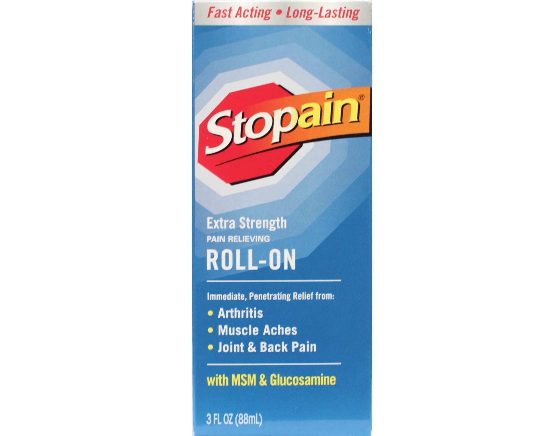 Stopain Pain Relief Roll On Gel 3oz (4 Pack) USA Made, Max Strength Fast Acting with MSM, Glucosamine, Menthol for Lower Back, Knee, Neck, HSA FSA Approved Topical Analgesic Products StopainBuy Supplements Australia