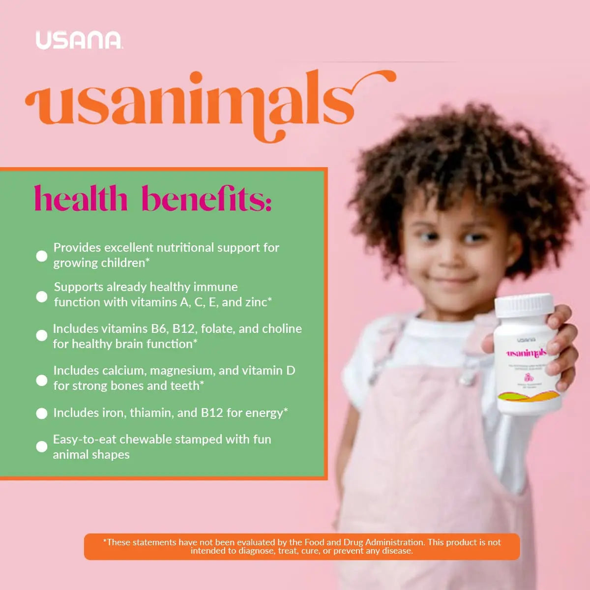 USANA Usanimals Multivitamin for Kids - Daily Chewable Tablets with Vitamins A, C, D, E, B6, B12, Zinc, Iron - Supports Immune, Bone & Brain Health USANA