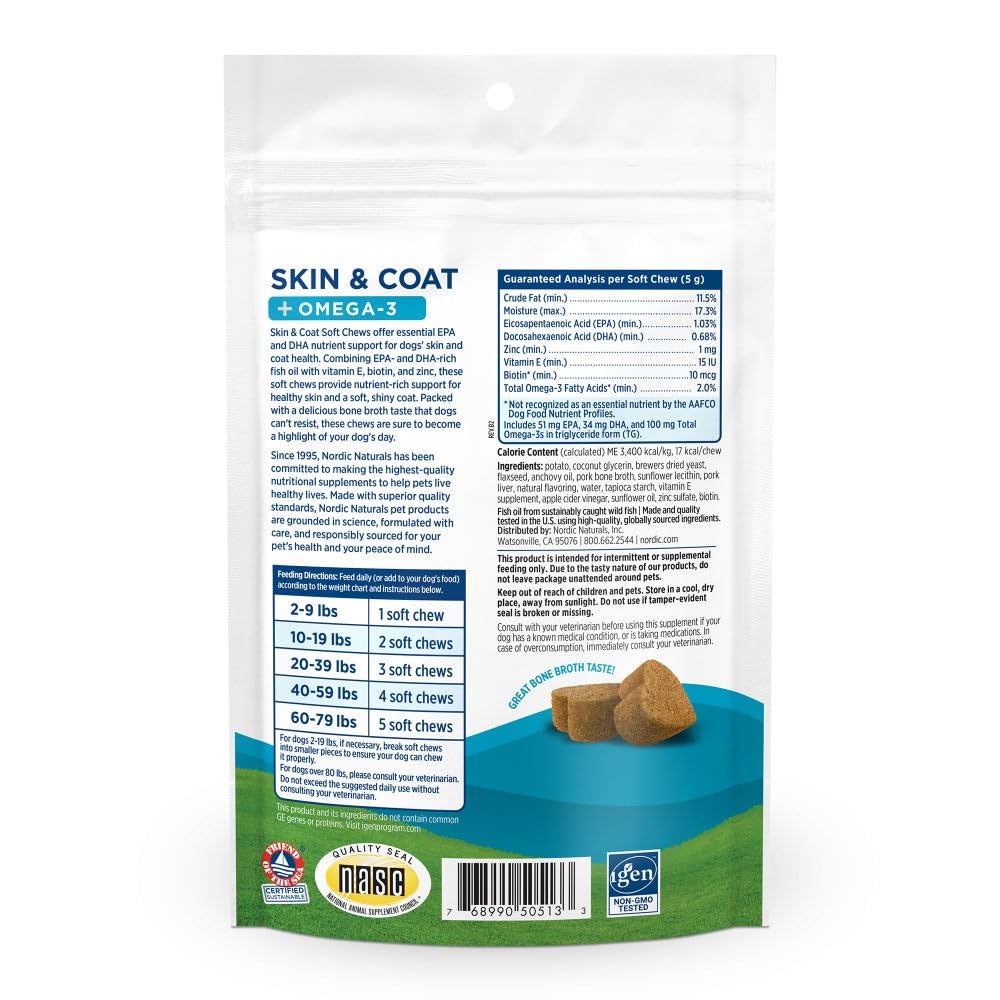 Nordic Naturals Pet Skin & Coat Soft Chews with Omega-3-30 Pork Bone Broth Flavored Soft Chews - Nutritional Support for Healthy Skin & a Soft and Shiny Coat - Non-GMO and IFOS Certified Nordic NaturalsBuy Supplements Australia