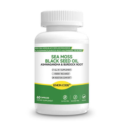 LEMON CODE Sea Moss & Black Seed Oil Capsules with Burdock & Bladderwrack & Ashwagandha, Vitamin C&D,Natural Herbal Complex for Daily Balance, Energy & Digestive Support, Vegan, Non-GMO, 60 Capsules LEMON CODEBuy Supplements Australia
