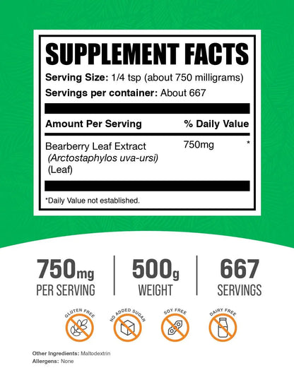 BulkSupplements.com Bearberry Leaf Extract Powder - Uva Ursi Extract, Herbal Supplement - Vegan & Gluten Free, 750mg per Serving, 500g (1.1 lbs) (Pack of 1) BulkSupplementsBuy Supplements Australia