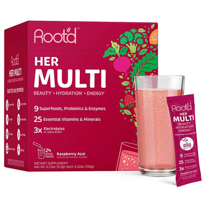 Root'd Multivitamin Powder for Women - 25 Vitamins & Minerals with 3X Electrolytes, 9 Organic Superfoods, Probiotics & Enzymes Root'd