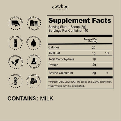 Cowboy - The Exclusive 1st Milking, Whole, Grass Fed Colostrum Supplement for Full Body Health - Bovine Colostrum Powder Packed w/Bioactive Nutrients - Sugar Free (Unflavored, 40 Servings) COWBOY COLOSTRUMBuy Supplements Australia