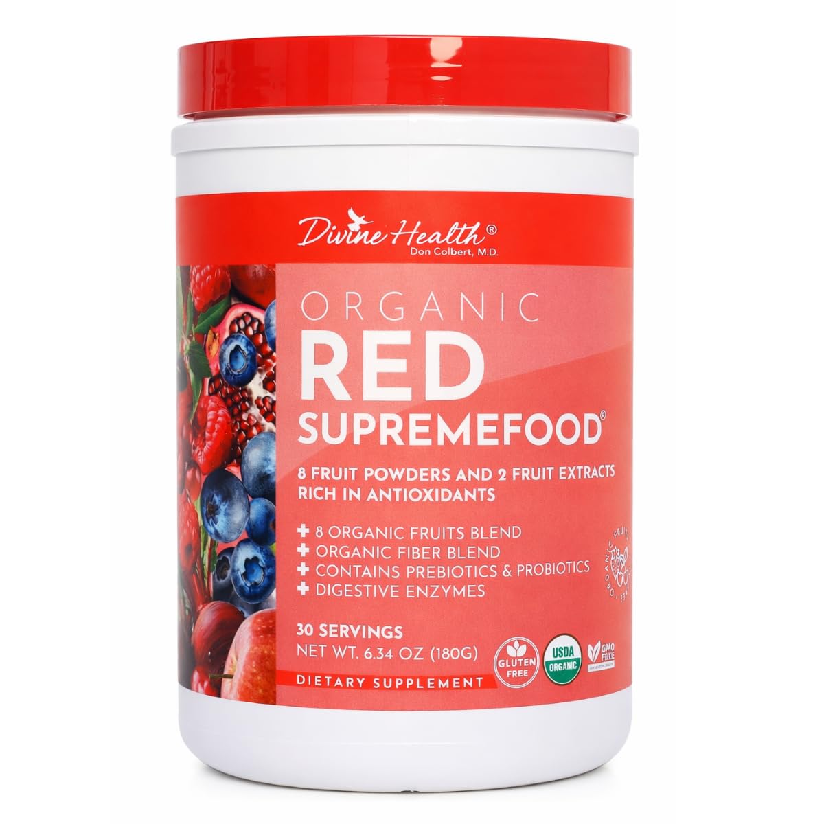 Dr. Colbert, MD Organic Red Supremefood | Berry Flavored Blend | by Divine Health | 10 Organic Fruits | Probiotics | Enzymes | Herbs | Fiber | Antioxidants | Non-GMO | 30 Day Supply | 180g Divine HealthBuy Supplements Australia