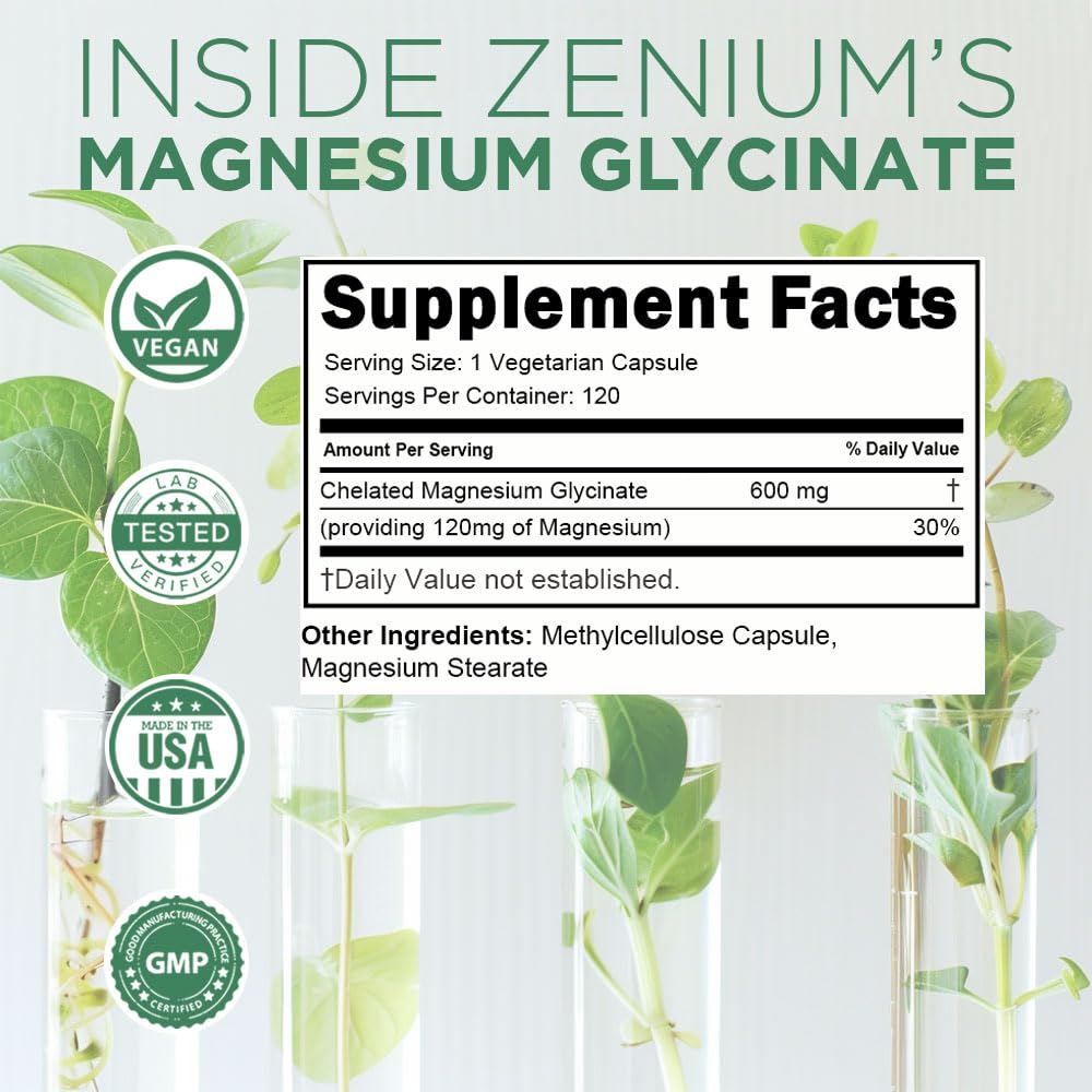 Zenium - Magnesium Glycinate for Sleep, Chelated, 600mg per Serving, 120 Capsules | High Absorption | Relieve Tension, Worry, Nervousness | Calm The Mind & Body | Ayurvedic | Natural Relief Supplement ZeniumBuy Supplements Australia