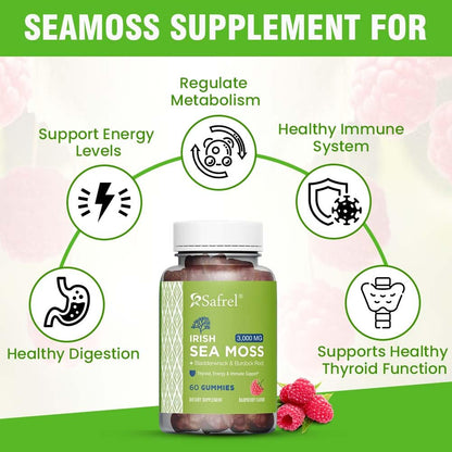 Safrel Irish Sea Moss Gummies 3000mg with Bladderwrack and Burdock Root, Thyroid Energy and Immune Support, Vegan Raspberry Flavor, 60 Gummies SafrelBuy Supplements Australia