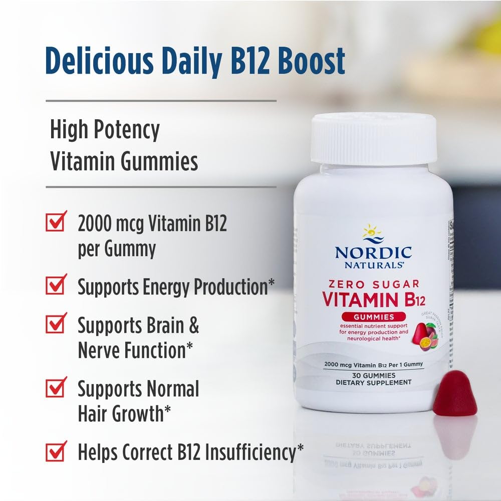 Nordic Naturals Zero Sugar Vitamin B12 Gummies - 2000 mcg Vitamin B12 per Gummy, Passion Fruit Guava Flavor - 30 Gummies, Essential Nutrient Support for Energy Production and Brain Health, 30 Servings Nordic NaturalsBuy Supplements Australia