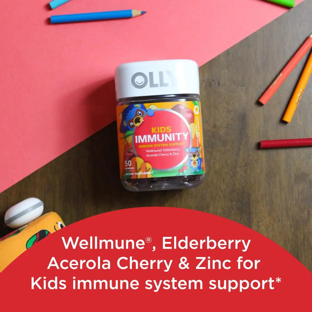 OLLY Kids Immunity Gummy, Immune Support, Wellmune, Elderberry, Vitamin C, Zinc & Probiotic + Prebiotic Gummy, Digestive Support and Gut Health, 500 Million CFUs, Fiber OLLYBuy Supplements Australia